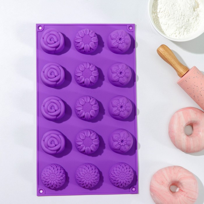 Форма для выпечки "Незабудка, подсолнух, роза, хризантема", 15 ячеек, цвета МИКС