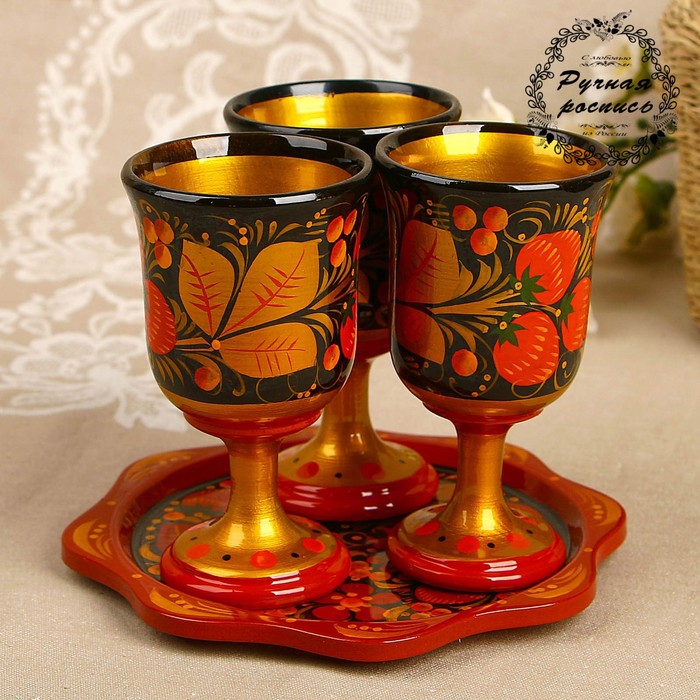Набор для шампанского «Хохлома»: 3 бокала, поднос сервировочный, микс