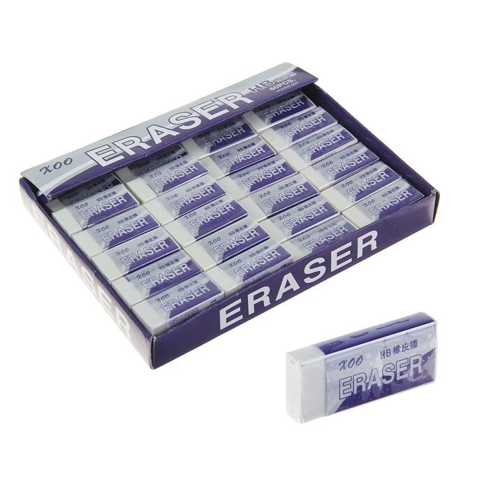 Ластик прямоугольный белый высокополимерный в бумажном держателе 4х1,7х1см