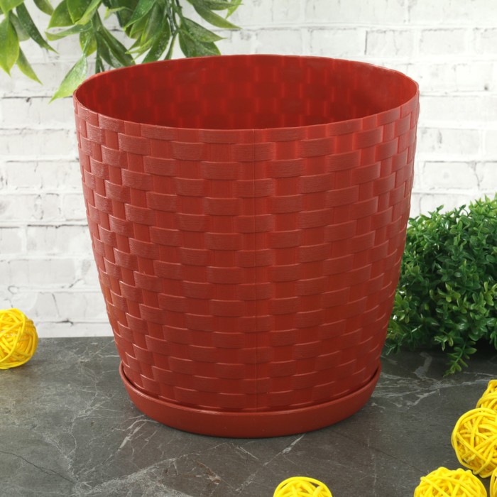 Горшок для цветов 2 л с поддоном "Ротанг", цвет терракотовый