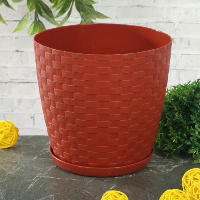 Горшок для цветов 1,2 л с поддоном "Ротанг", цвет терракотовый