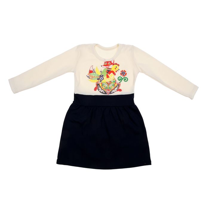 Платье для девочки "Лиса и петух", рост 122 см, цвет синий/бежевый