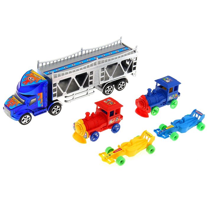 Грузовик инерционный «Автовоз», с 2 машинками и 2 паровозами, цвета. в пакете
