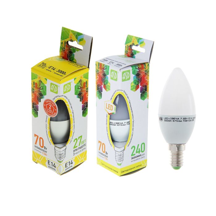 Лампа светодиодная ASD LED-СВЕЧА-standard, Е14, 7.5 Вт, 230 В, 3000 К, 675 Лм