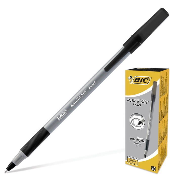 

Ручка шариковая BIC Round Stic Exact, узел 0.7 мм, тонкое письмо, резиновый упор, чернила черные, одноразовая, серый корпус