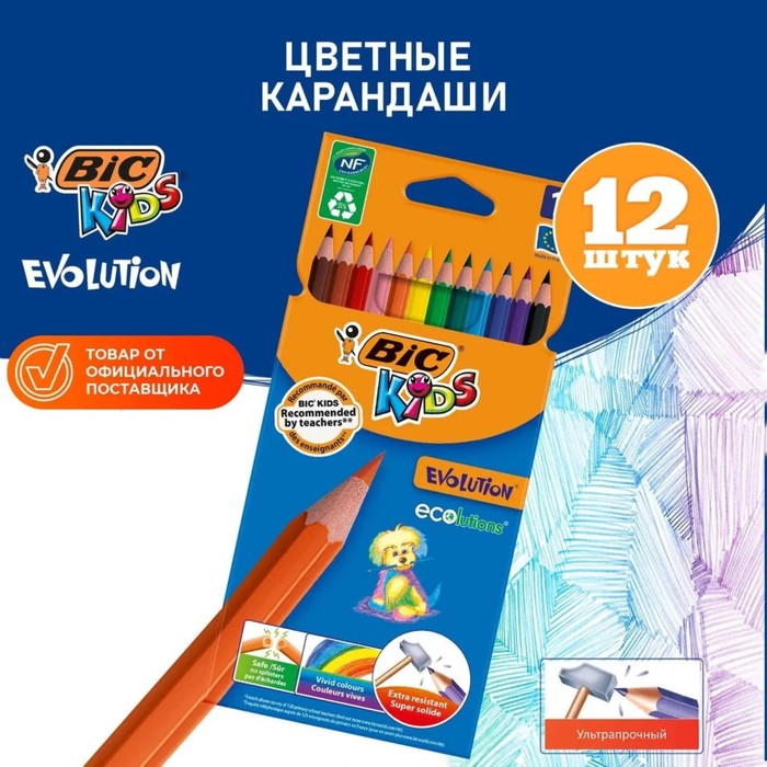 Карандаши 12 цветов BIC Kids Evolution ECOlutions, детские, ударопрочные, пластиковые