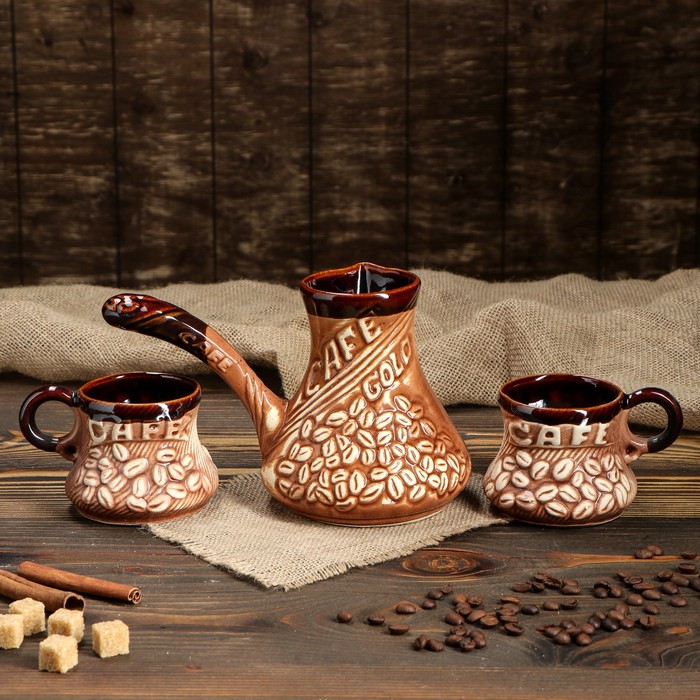 Кофейный набор "Кофе" шамот, 3 предмета, 0,65 л/ 0,25 л