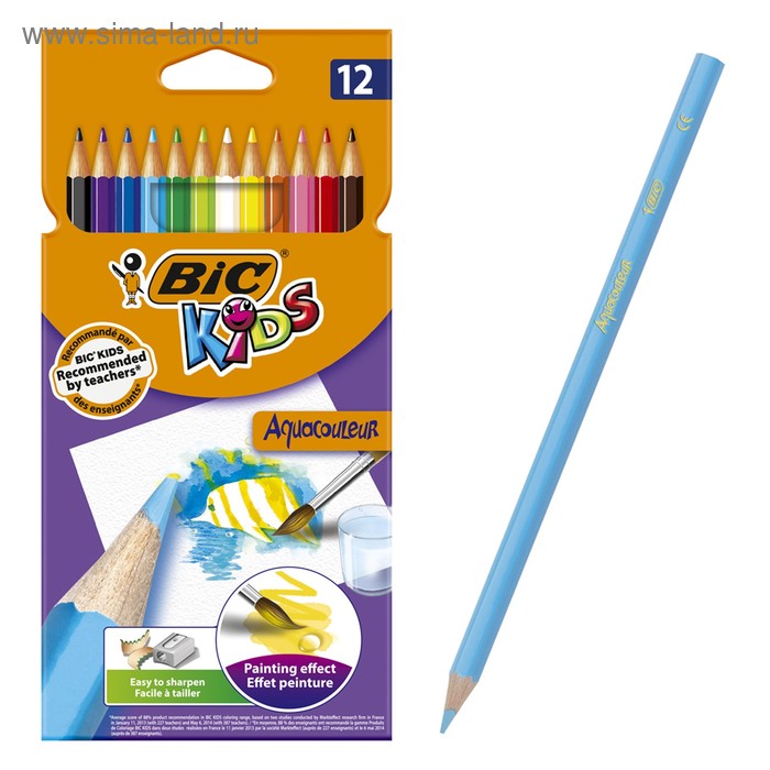 Цветные карандаши 12 цветов, детские, шестигранные, акварельные, BIC Kids Aquacouleur