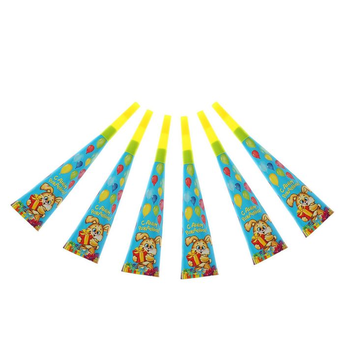 Дудка-гудок р-р 19 см "С днем рождения"зайка с подарками (набор 6 шт)