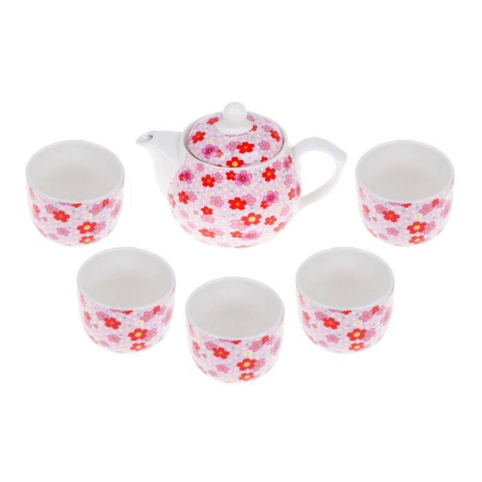 Набор для чайной церемонии на 5 персон "Цветочная поляна" (чайник, 5 чашек, сито)