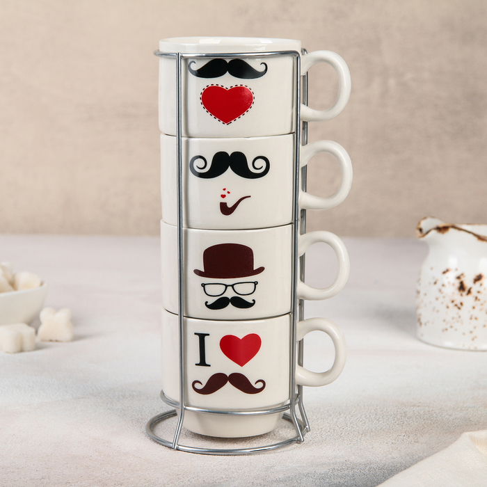 Набор кружек 180 мл "Усы", 4 шт, на подставке