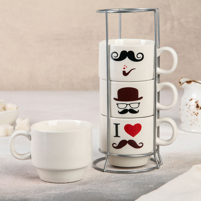 Набор кружек 180 мл "Усы", 4 шт, на подставке
