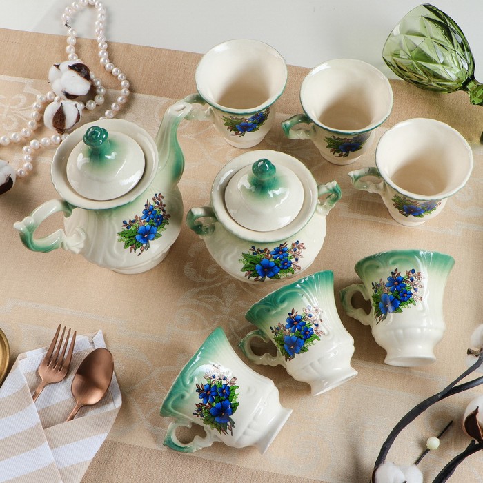 Чайный набор "Блиц" изумрудный, незабудка, 8 предметов 0,6/0,25 л