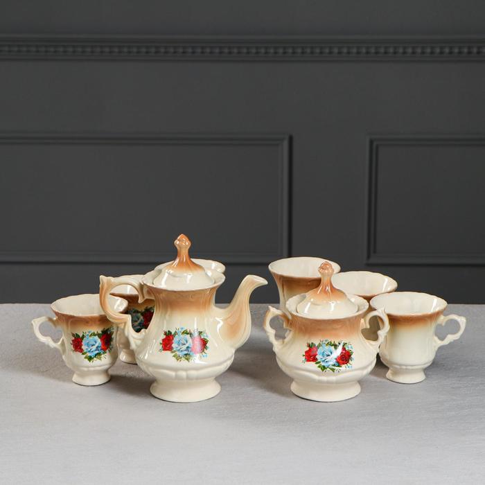 Чайный набор "Блиц" коричневый, три розы, 8 предметов 0,6/0,25 л