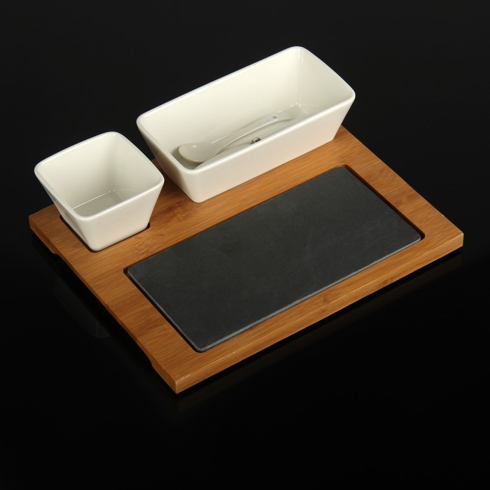 Набор для подачи блюд на подставке: соусник 150 мл, салатник 400 мл, нож, ложка, каменная доска