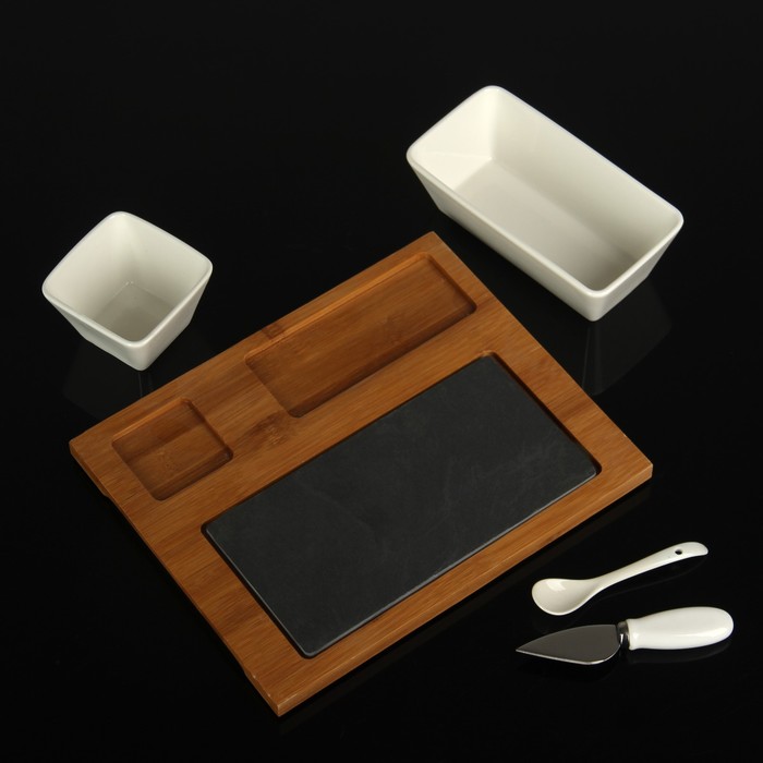 Набор для подачи блюд на подставке: соусник 150 мл, салатник 400 мл, нож, ложка, каменная доска