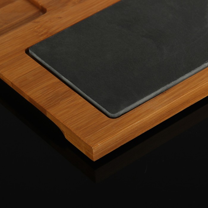 Набор для подачи блюд на подставке: соусник 150 мл, салатник 400 мл, нож, ложка, каменная доска