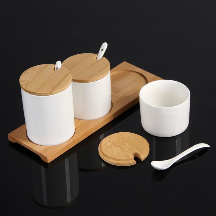 Набор банок для сыпучих продуктов "Эстет" на подставке, 3 ложки, 3 банки: 200 мл, 250 мл, 350 мл