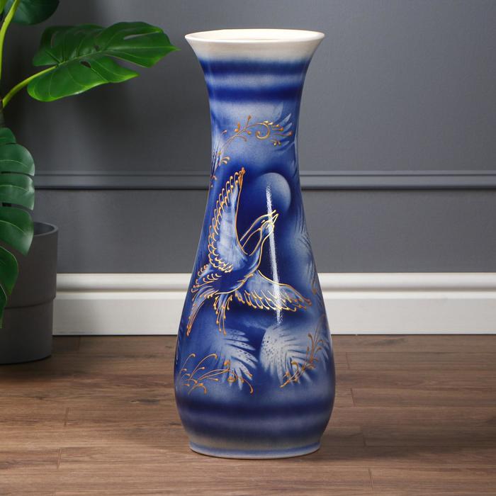 Ваза напольная "Осень" птицы, сине-белая