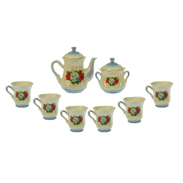 Чайный набор "Ажур" голубой, три розы, 8 предметов 1,0/0,25 л