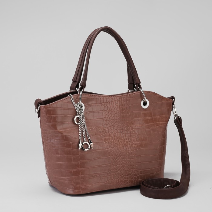 Сумка женская на молнии, 2 отдела, наружный карман, длинный ремень, коричневая