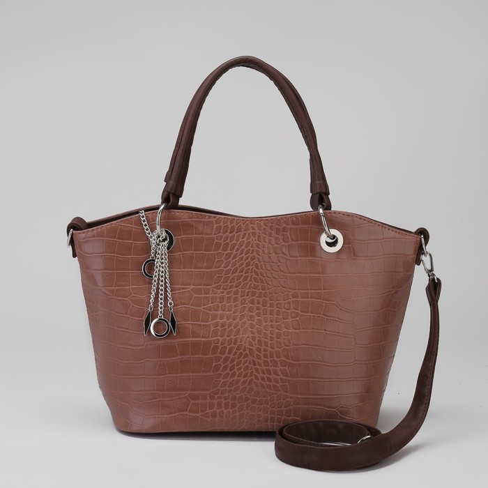 Сумка женская на молнии, 2 отдела, наружный карман, длинный ремень, коричневая