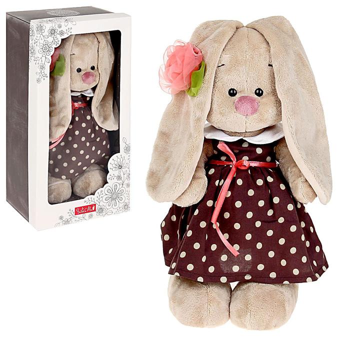 Мягкая игрушка "Зайка Ми" в кофейном платье и цветком на ушке