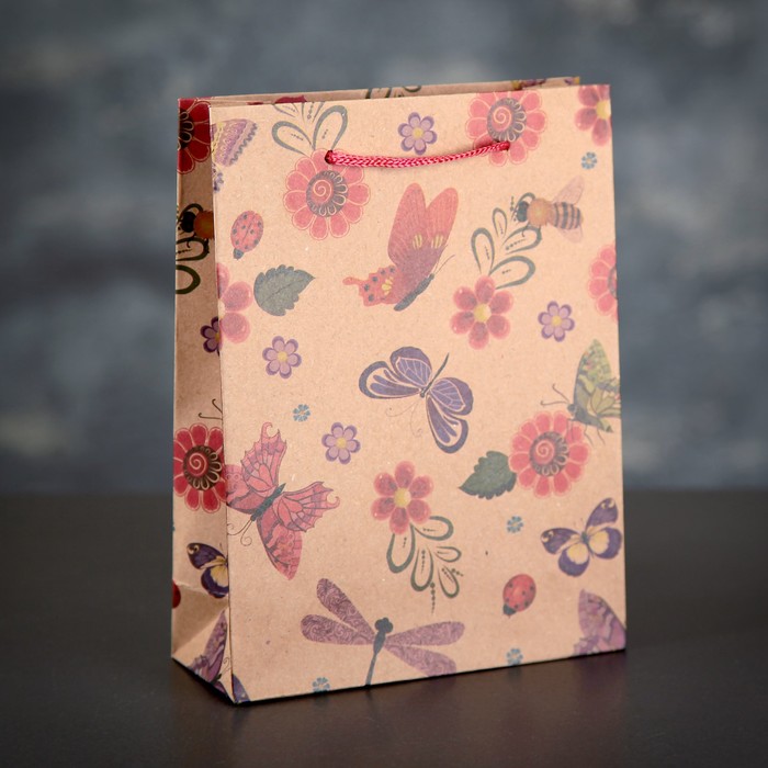 Пакет крафт "Бабочки", 15 х 20 х 6 см