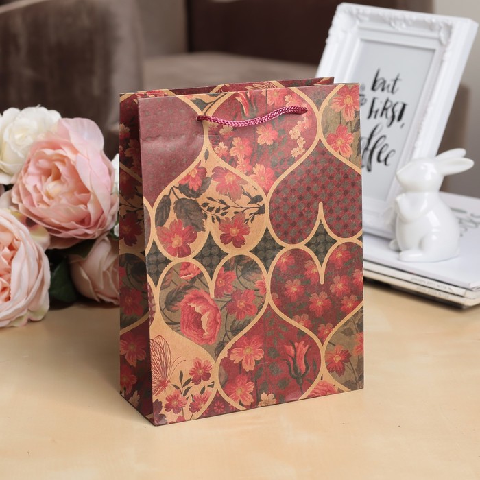 Пакет крафт "Сердца", 15 х 20 х 6 см