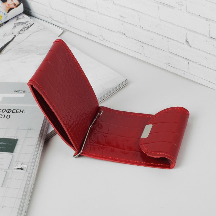 Зажим для купюр на кнопке, 2 отдела для монет, кайман, цвет бордовый