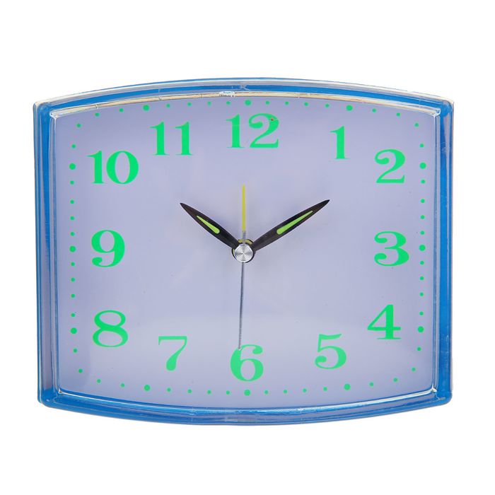 Будильник прямоуг. криволин, бел циферблат, стрелки светятся микс 10,5*12,5см