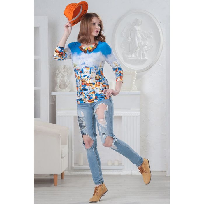 Блуза женская, размер 44, рост 164 см, цвет синий/оранж/белый 4565