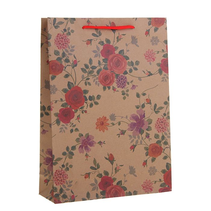 Пакет крафт "Цветы", 23 х 33 х 8 см