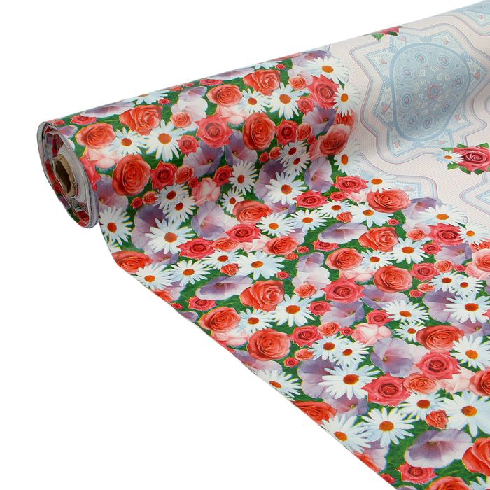 Клеенка столовая с пвх покрытием на нетканой основе "Декомир. Кайма с розами", рулон 20 м, цвет голубой