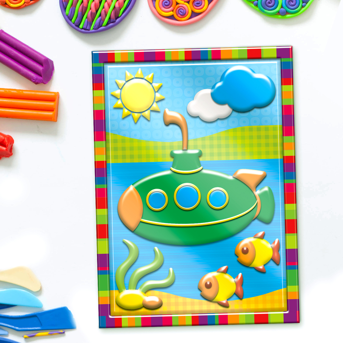 Аппликация пластилином "Подводная лодка" в пластиковой форме + 6 цв.пластилина по 10 гр,стек