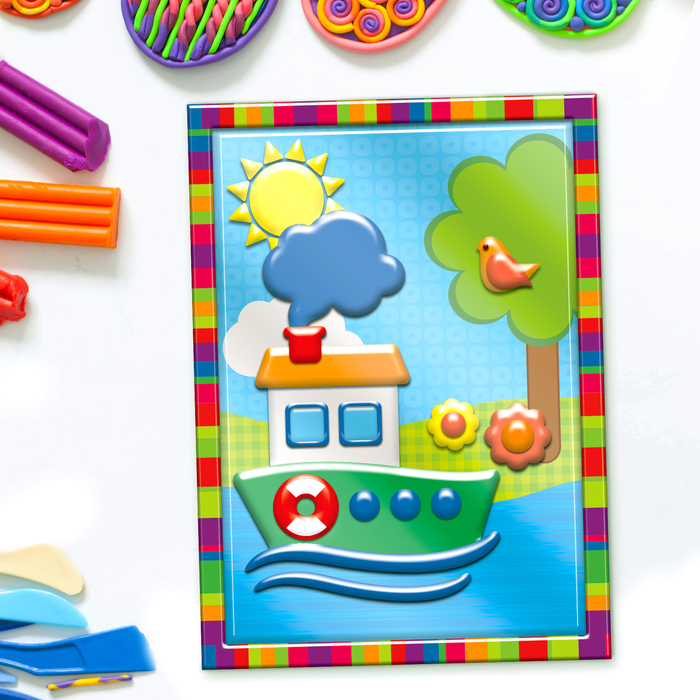 Аппликация пластилином "Кораблик" в пластиковой форме + 6 цветов пластилина по 10 гр, стек