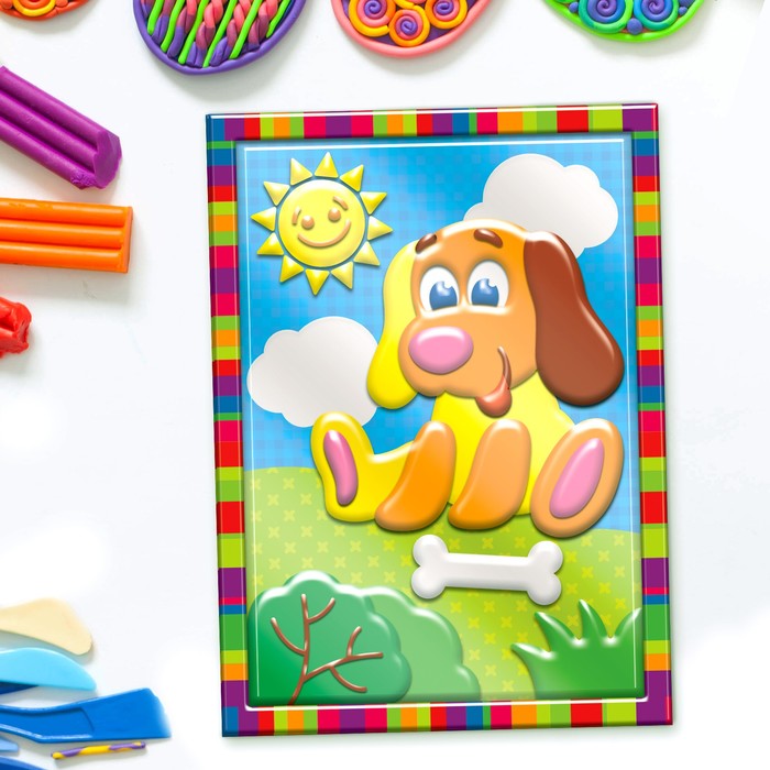 Аппликация пластилином "Щенок" в пластиковой форме + 6 цветов пластилина по 10 гр, стек