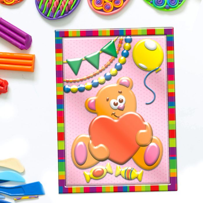 Аппликация пластилином "Мишка" в пластиковой форме + 6 цветов пластилина по 10 гр, стек