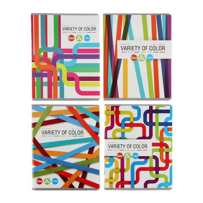 Тетрадь 80 листов клетка "Цветные линии", картонная обложка, ламинация, 4 вида МИКС