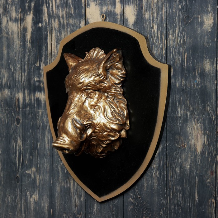 Панно "Голова кабана" бронза, чёрный щит
