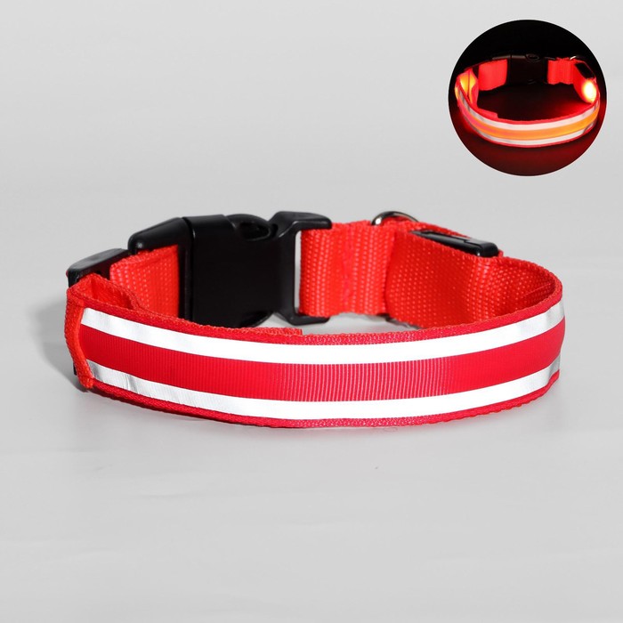 Ошейник с подсветкой и 2 светоотражающими полосами, размер S, 3 режима свечения, красный