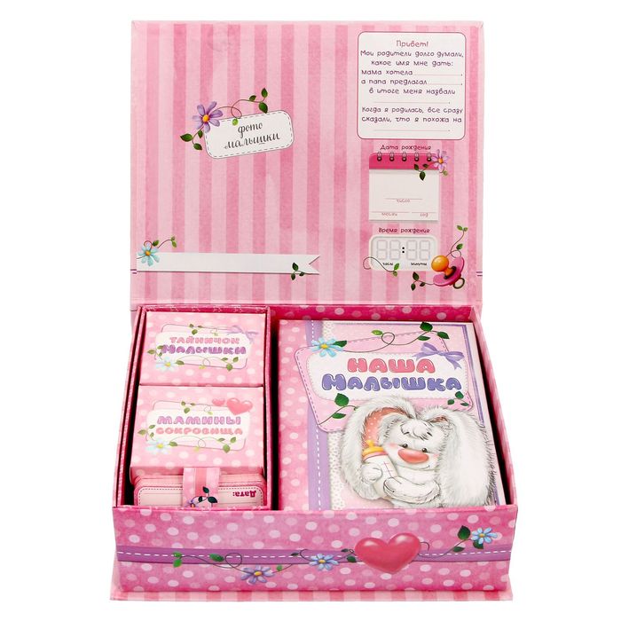 Подарочный набор "Шкатулка нашей малышки": фотоальбом, коробочки для хранения и карточки для пожеланий