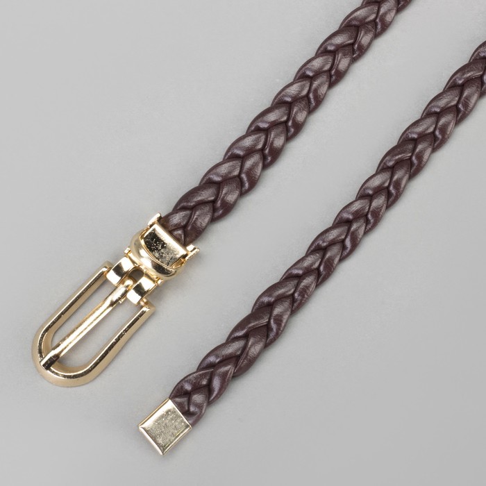 Ремень женский "Плетёнка", пряжка, хомут и кончик под золото, ширина - 1см, тёмно-коричневый