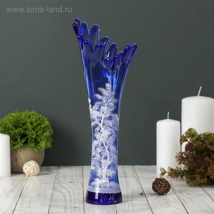 ваза Коралл h 280 мм. из синего стекла (ручная роспись) рис. № 5 (Бел.)