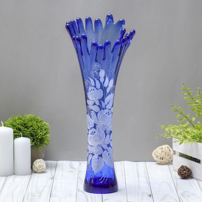 ваза Коралл h 380 мм. из синего стекла (ручная роспись) рис. № 3 (Бел.)