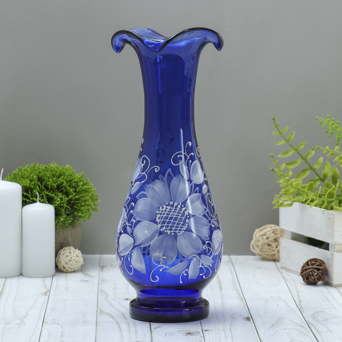 Ваза "Фигурная", цветы, синяя, ручная роспись