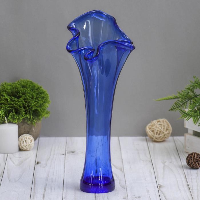 ваза Волна h 280 мм. из синего стекла (без декора) ваза волна h 280 мм из прозрачного стекла без декора