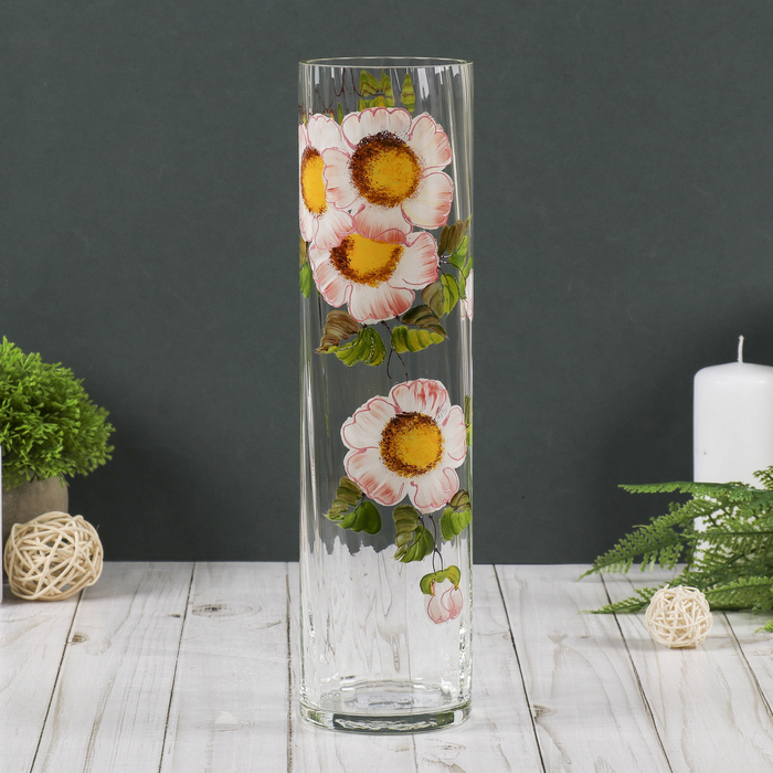 Ваза "Цилиндр", розовая ромашка, рифлёная, ручная роспись