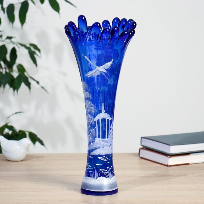 ваза цилиндр гибискус ручная роспись 30х8 см Ваза Коралл дерево, синяя (ручная роспись) 38см