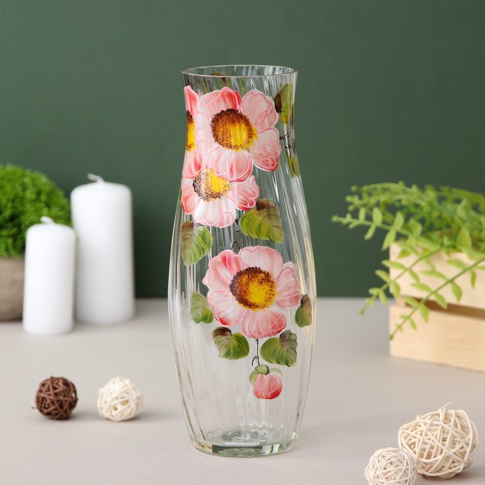 Ваза "Гранд", розовая ромашка, рифлёная, ручная роспись